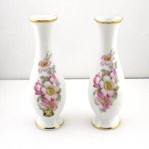 2 Vtg GEROLD PORZELLAN Tellau Bavaria 6" Pink Floral Wild Rose Bud Vase Germany